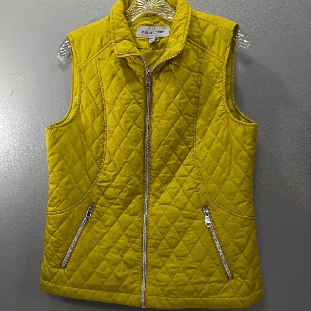 Black Rivet Womens Med Mustard Yellow 100% Polyester Zip Up Sleeveless Vest 464‎